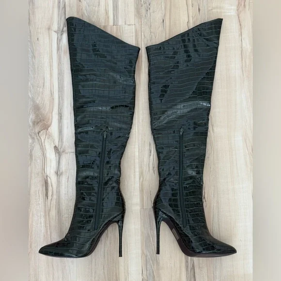 Fashion Nova Green Croc-Embossed Over The Knee Boots | Size 7.5 | Stiletto Heel - Picture 6 of 8